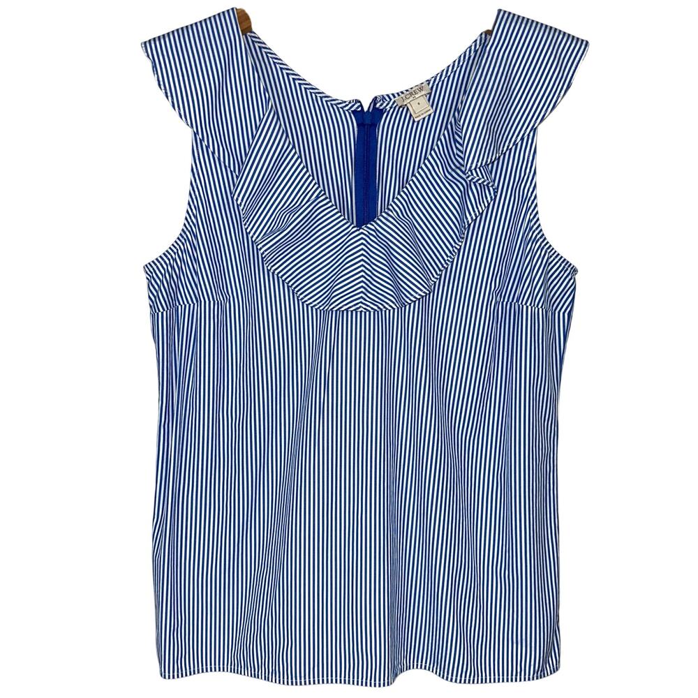 JCrew Ruffle Sleeveless Blue Stripe Cotton Poplin Top Size 8